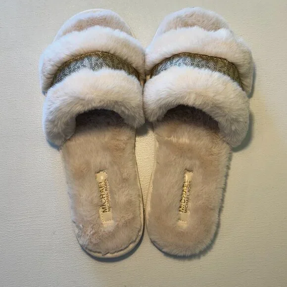 Michael Kors Alexis Faux Fur and Metallic Signature Logo Slide Sandal - Picture 7 of 12